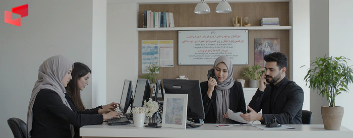 کارمند صرافی اهواز در حال مشاوره به مشتری