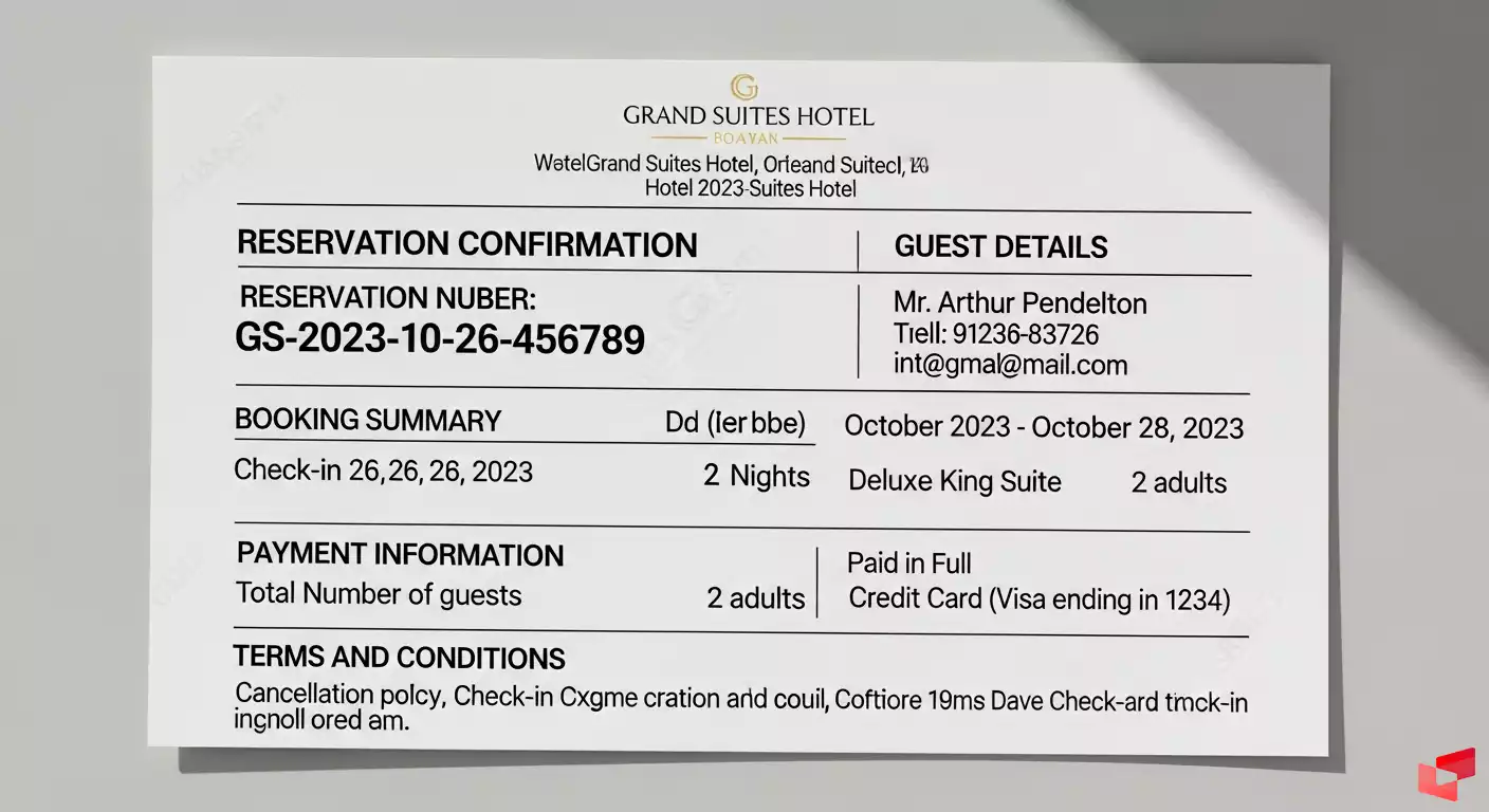 نمونهای از واچر هتل با اطلاعات مسافر و تاریخ اقامت