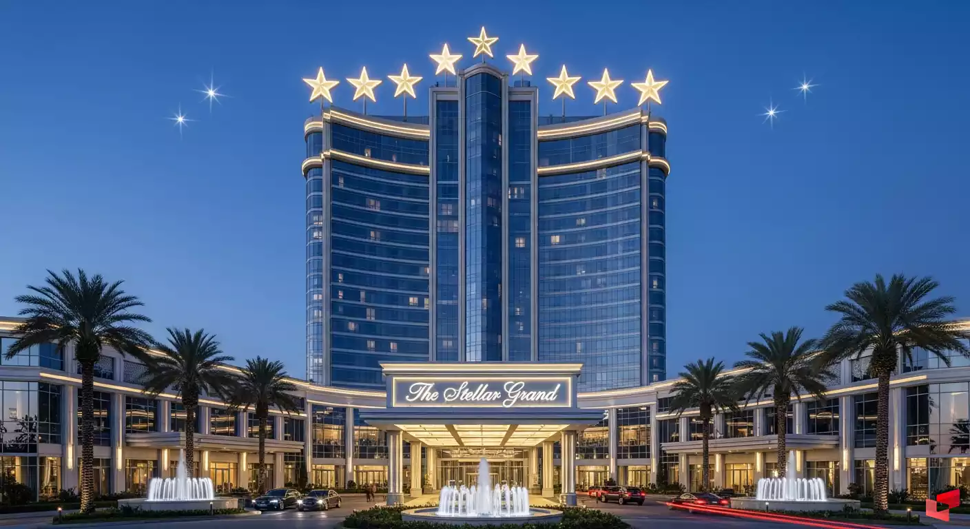 نمای شب هتل ۹ ستاره با نورپردازی باشکوه