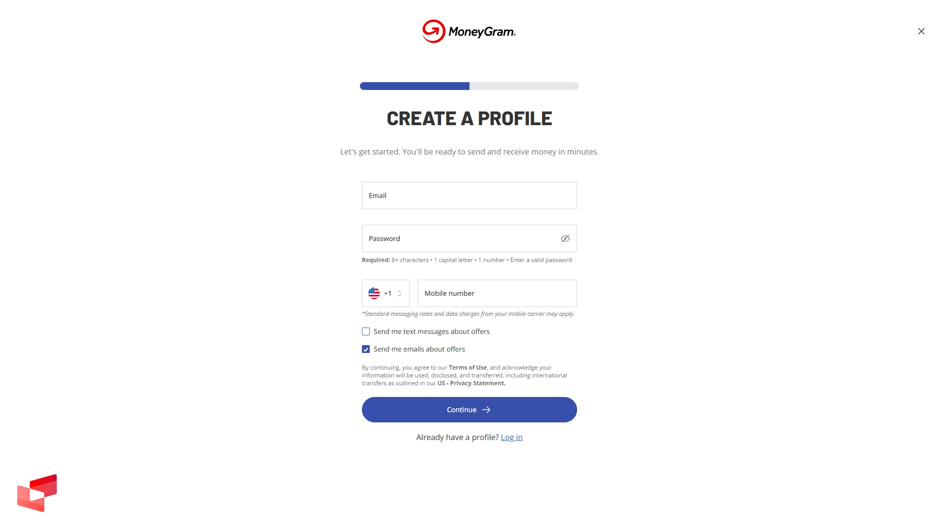 فرم ثبت‌نام و ورود به حساب MoneyGram