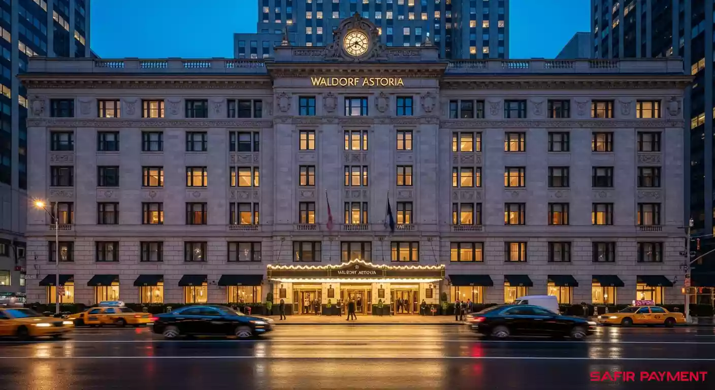 عکس نمای شب هتل هیلتون با نورپردازی زیبا