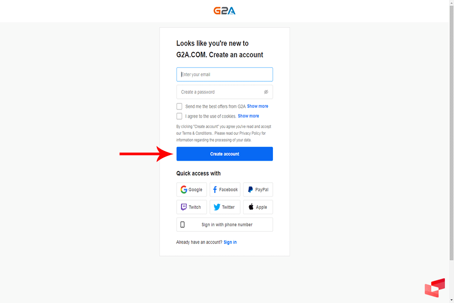 create account را بزنید