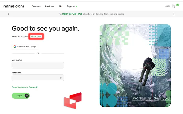 صفحه log in سایت name.com