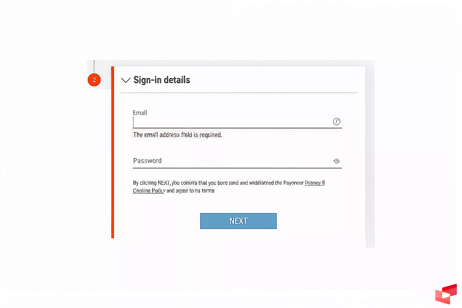 تصویر ثبت ایمیل و رمز عبور در ساخت حساب payoneer