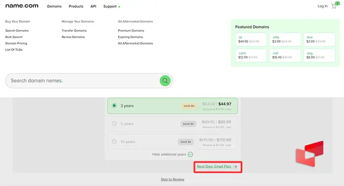 انتخاب پلن از مراحل ثبت دامنه در سایت Name.com