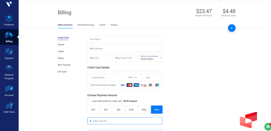 شارژ حساب vultr با کارت اعتباری
