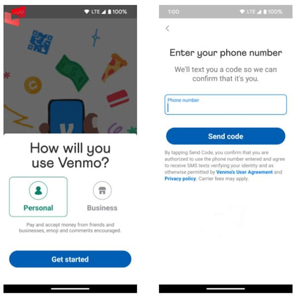 ثبت نوع حساب و شماره تلفن در venmo