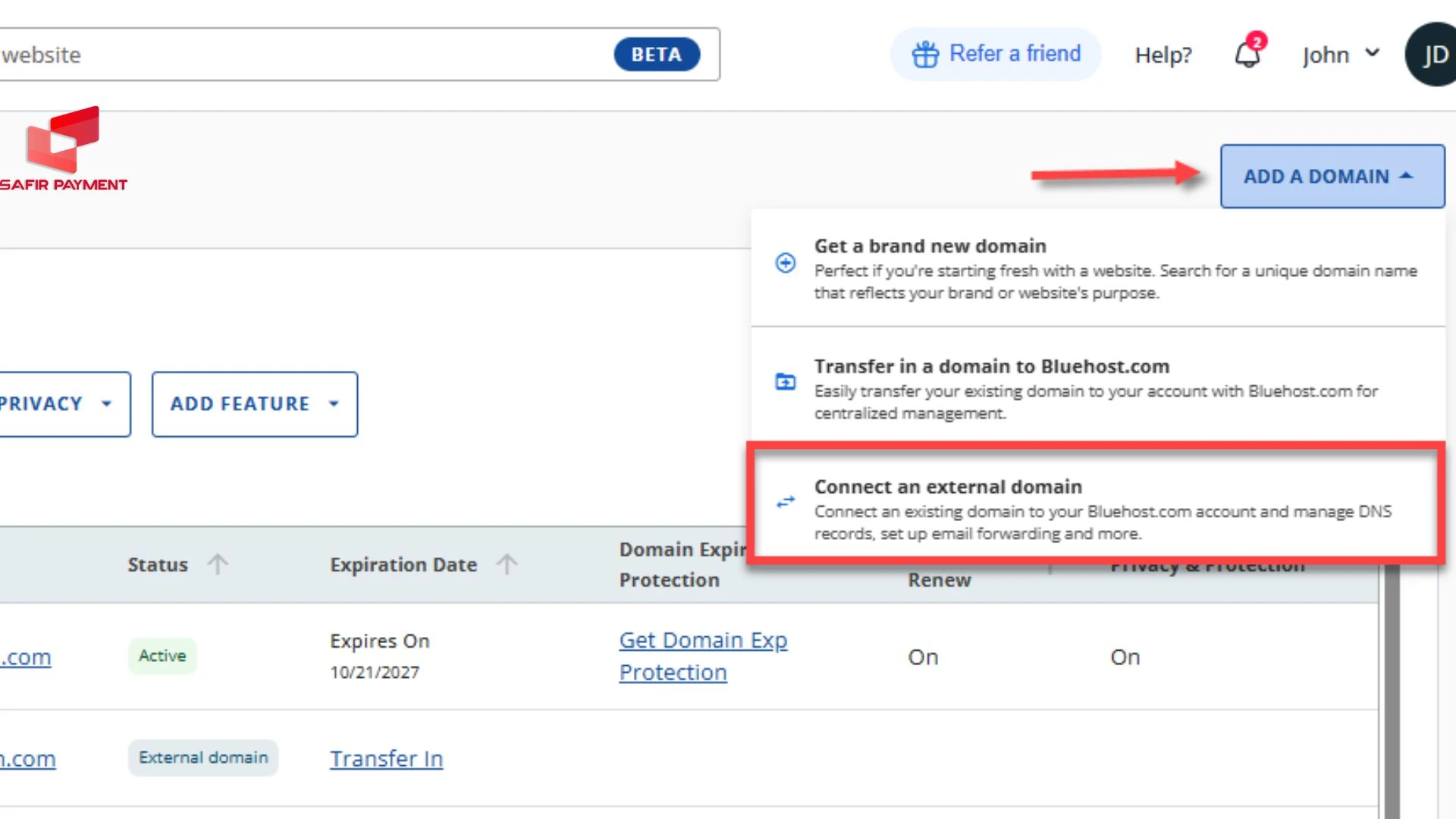 می توانید دامنه های قیلی خود را در سایت بلوهسات اضافه کنید.