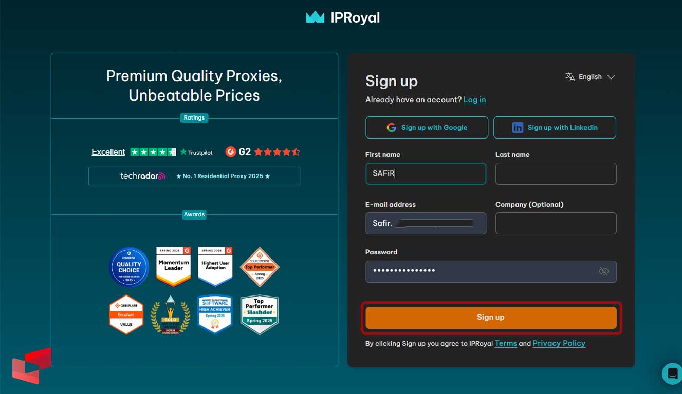 آموزش ثبت‌نام در IPRoyal