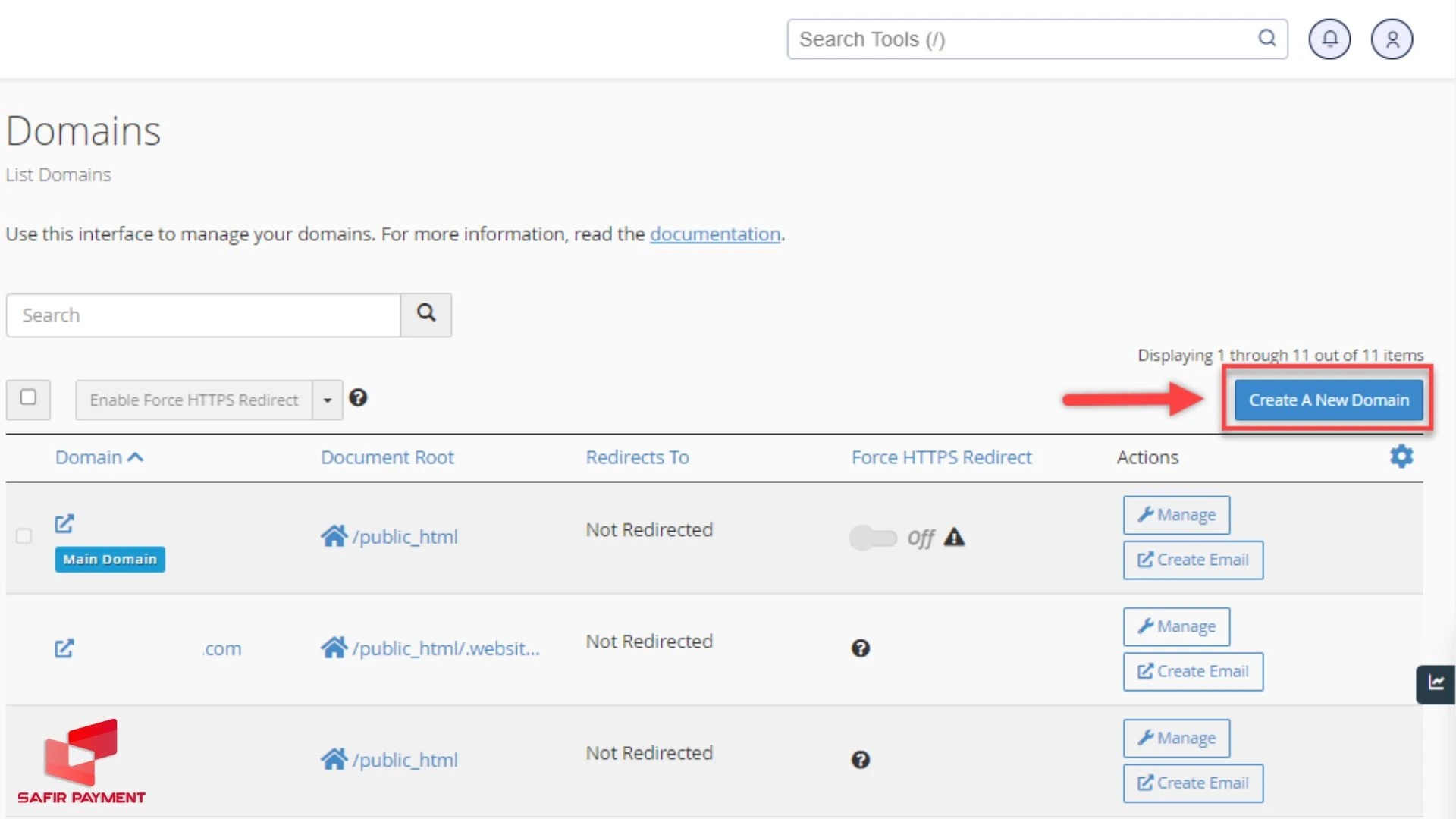 در سایت بلوهاست برای ساخت دامین جدید بر روی دکمه create a new domain بزنید.
