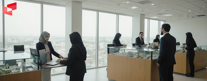 فضای داخلی صرافی زنجان با میز کارمندان و دستگاه شمارش اسکناس